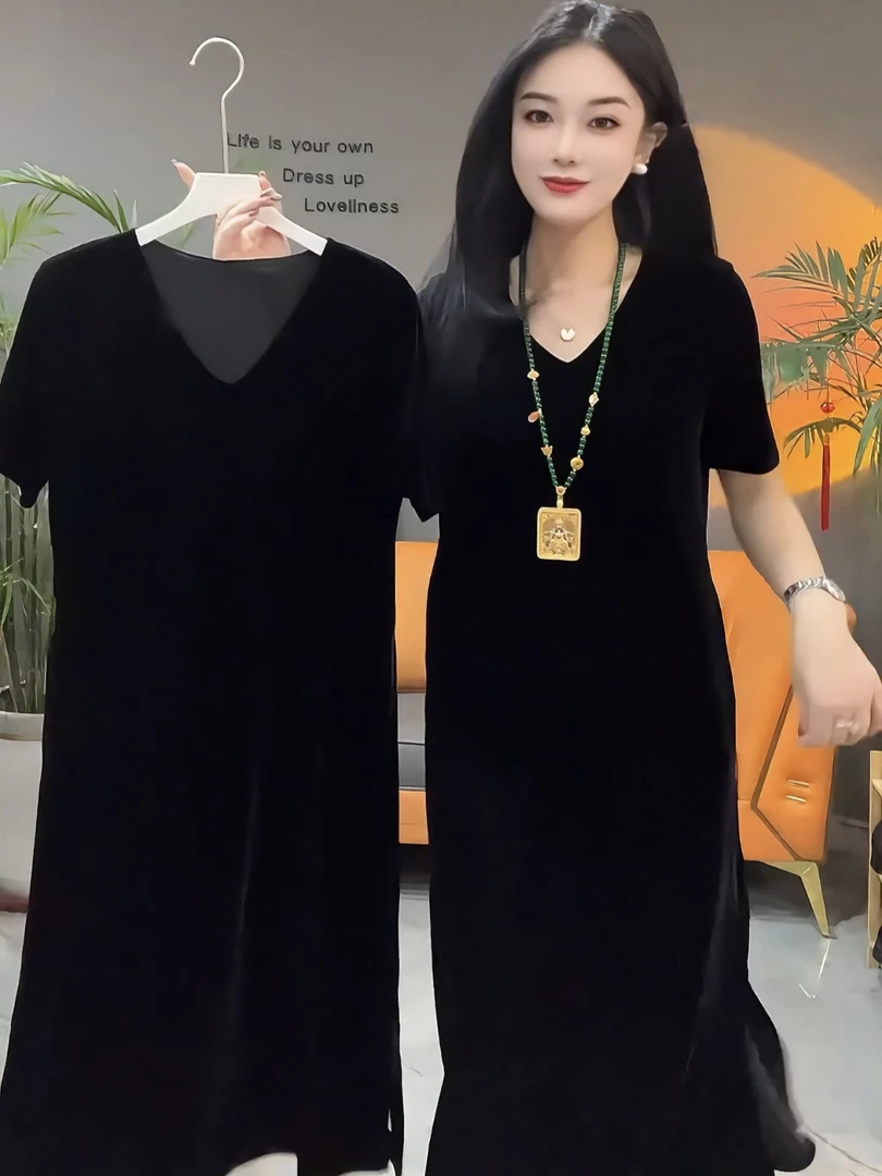 夏季新款薄款丝绒黑色显瘦V领短袖长款连衣裙女