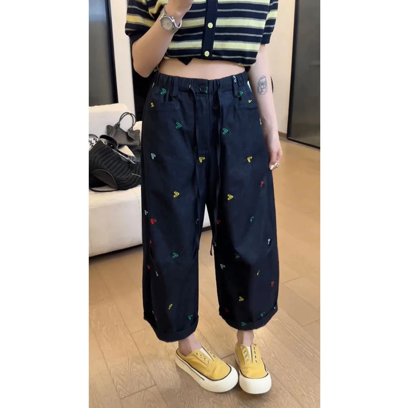 艾塔莉做旧刺绣直筒裤丹宁风夏季休闲裤大码九分裤高腰阔腿裤时尚