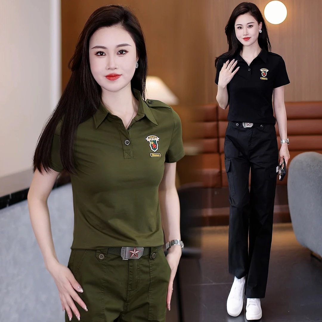 时尚迷彩服T恤女士短袖套装夏季新款工装长裤运动减龄修身两件套