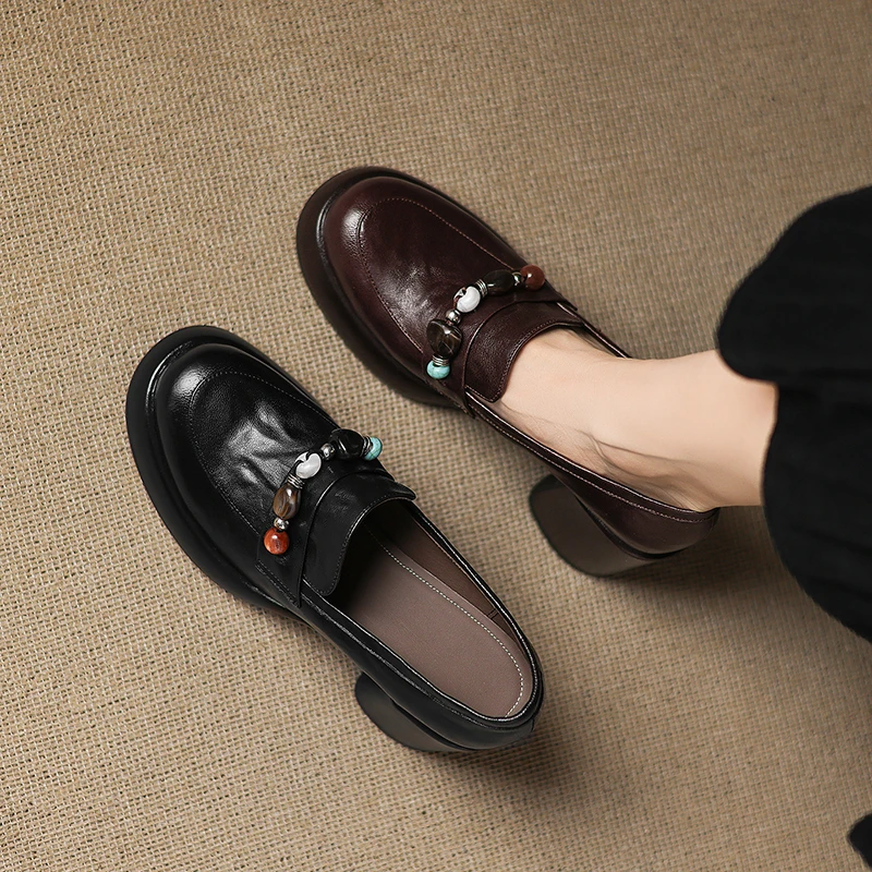 羊皮/7cm/秋季小个子增高跟鞋矮子乐厚底粗跟包头乐福鞋女鞋单鞋