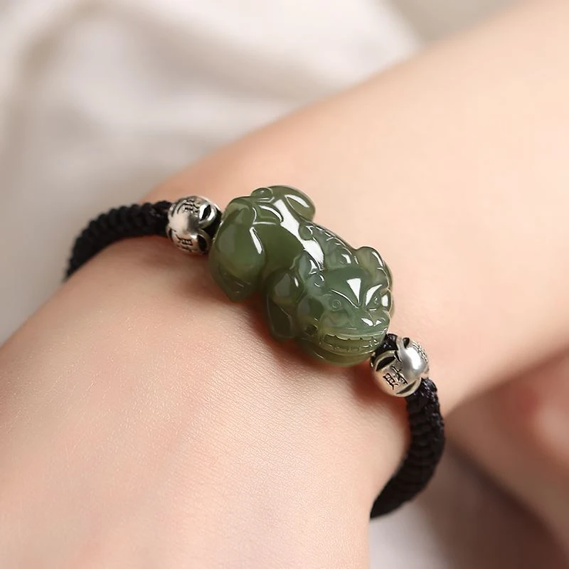 带证书和田玉招财貔貅情侣小貔貅青玉手链男皮质玉石手串编织手绳