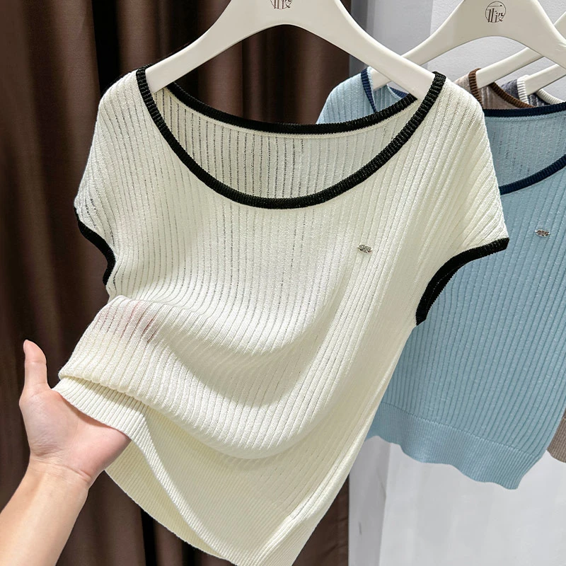 米白色气质圆领针织短袖T恤夏季薄款柔软坑条上衣修身百搭打底衫