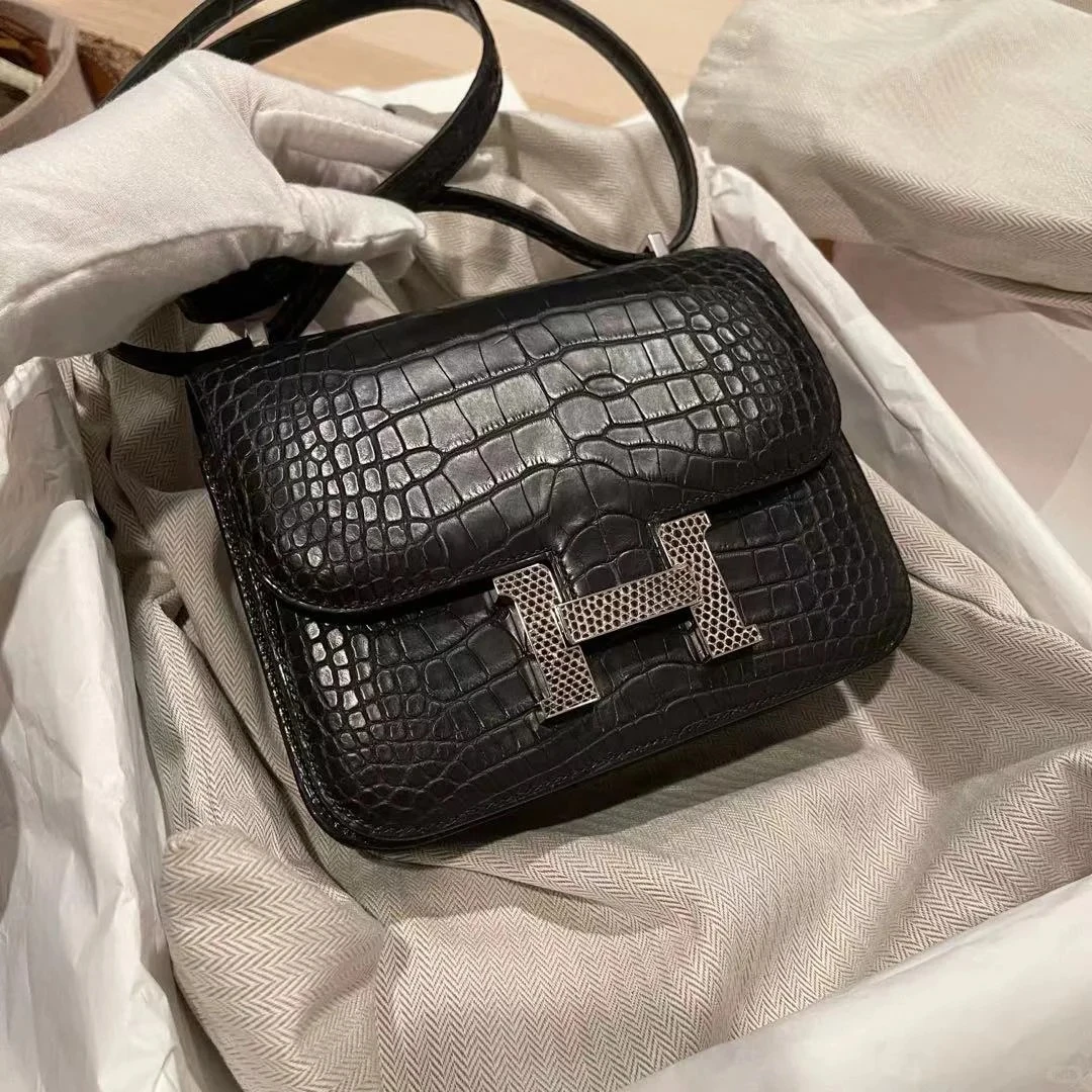 99新 Hermes/爱马仕 小花Jerry康康 19黑色 正方块鳄鱼皮 C刻