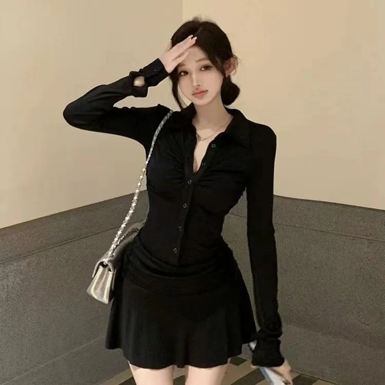 美式Polo领黑色长袖连衣裙纯欲辣妹褶皱运动修身收腰显瘦短裙裙子
