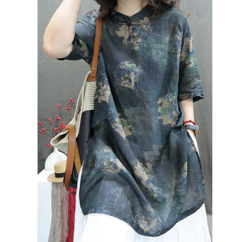 哥弟阿玛施正品棉嘛女装2025夏季新款苎嘛印花复古立领盘扣宽松洋