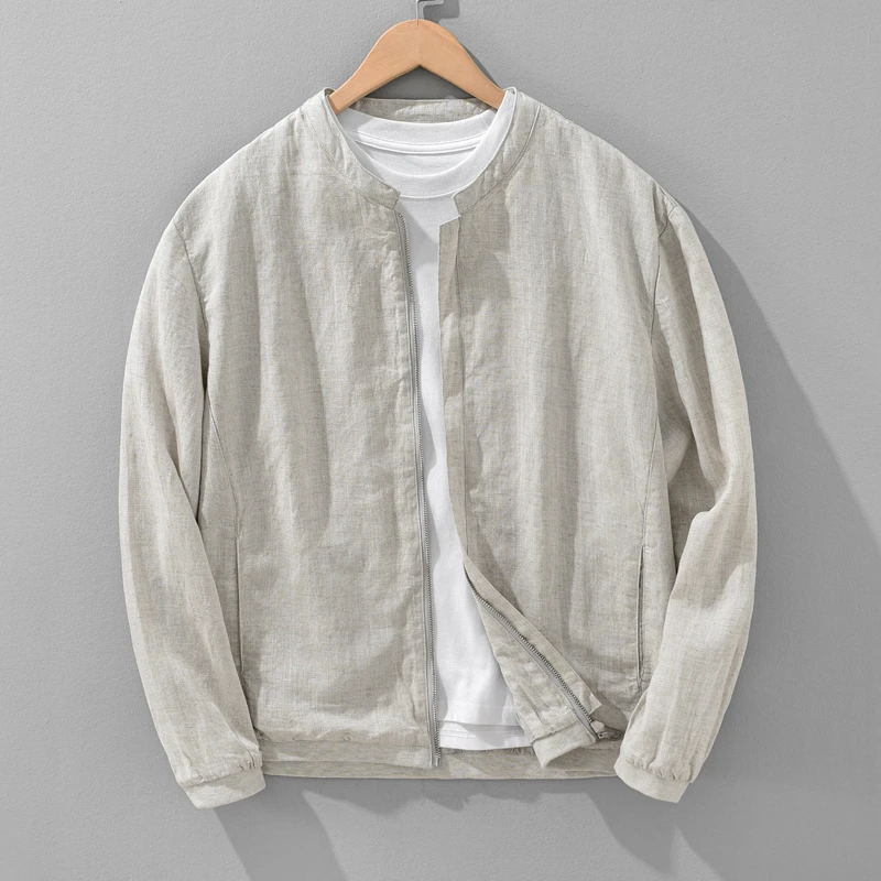 春秋新款亚麻男士夹克立领外套宽松舒适时尚复古休闲纯色百搭上衣