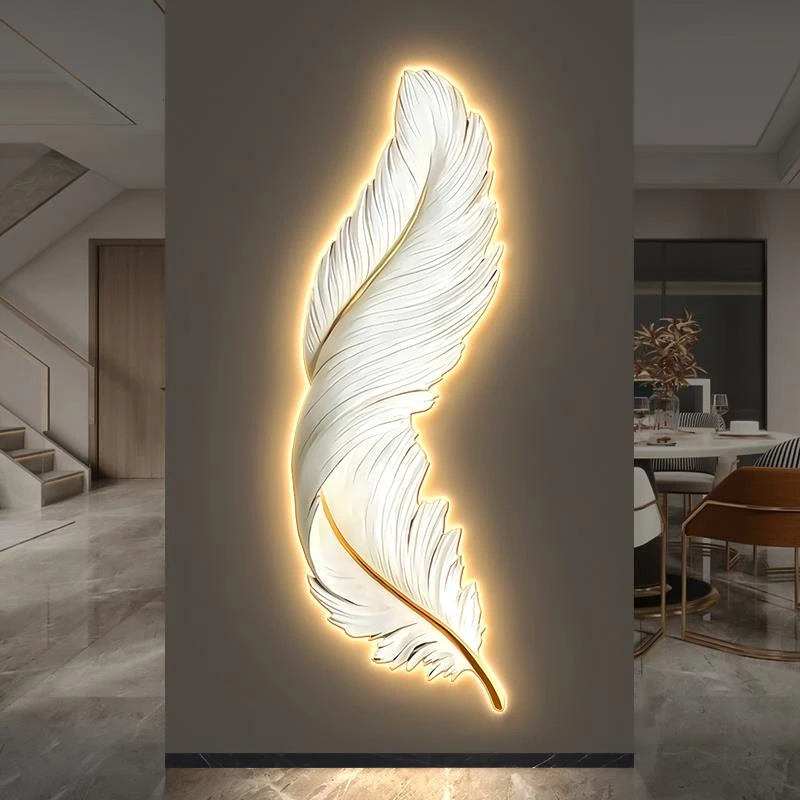 羽毛入户玄关装饰画现代轻奢走廊过道带灯挂画高级感卧室发光壁画