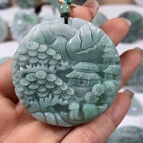 翡翠颈饰未镶嵌山水牌两面工福利