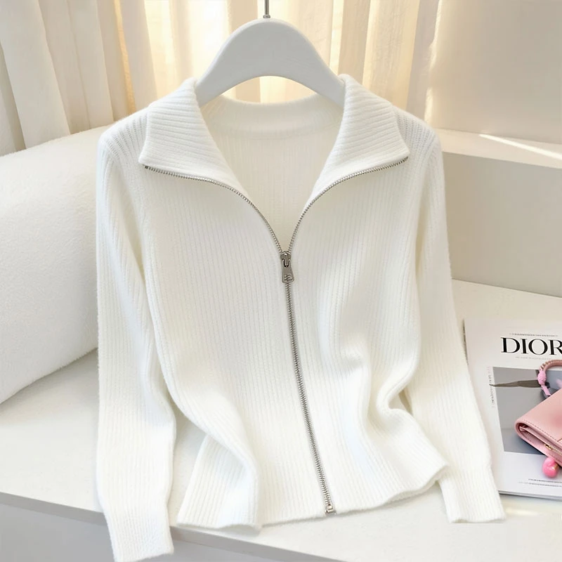 白色翻领针织衫毛衣女款秋冬新款开衫拉链上衣法式气质轻熟风小衫