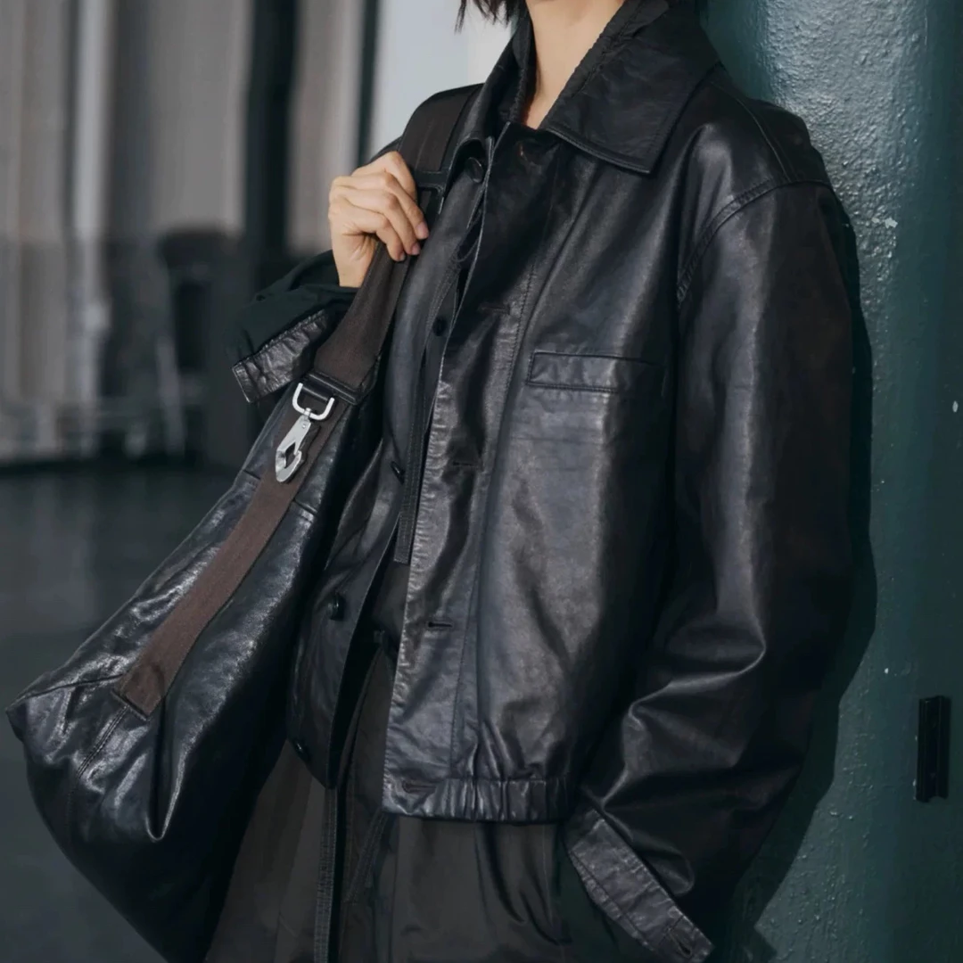 (袁泉同款)2025秋装翡翠油蜡/无涂植鞣进口绵羊皮真皮外套
