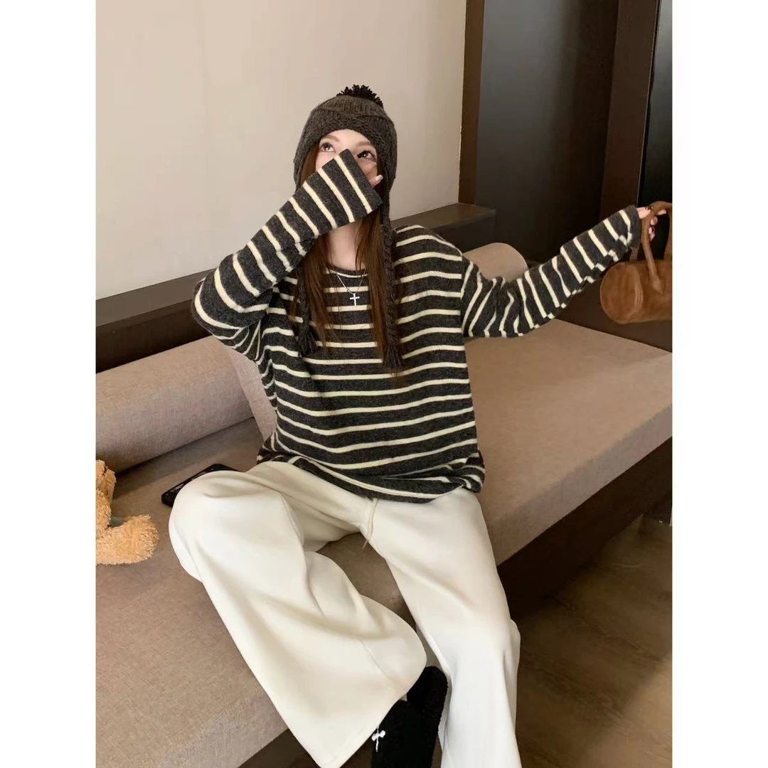 Y1058 海盐奥利奥 日系海魂条纹衫女开春慵懒风软懦感上衣T恤