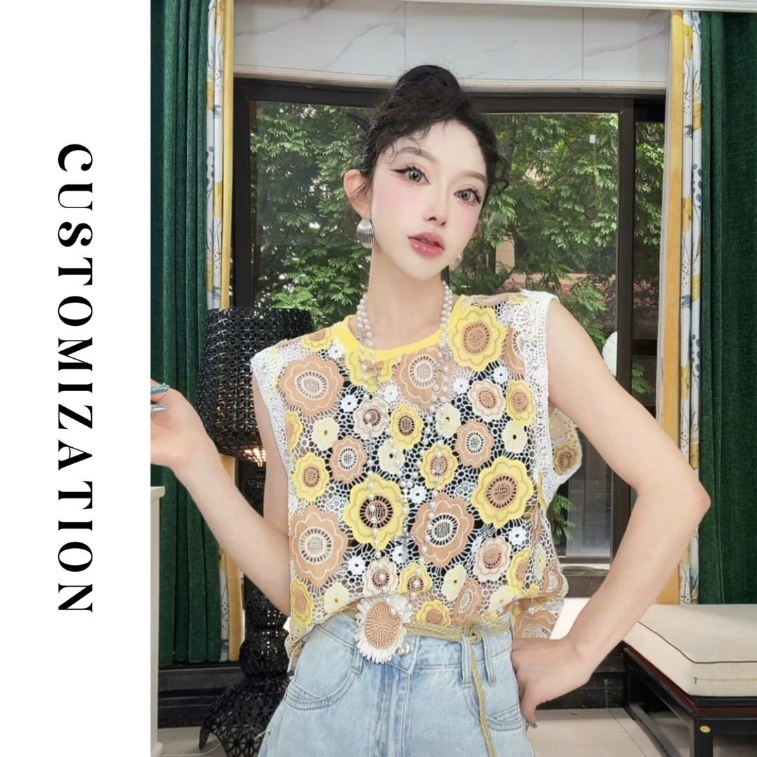 2025夏薄款马甲绣花蕾丝镂空透气无袖上衣88092