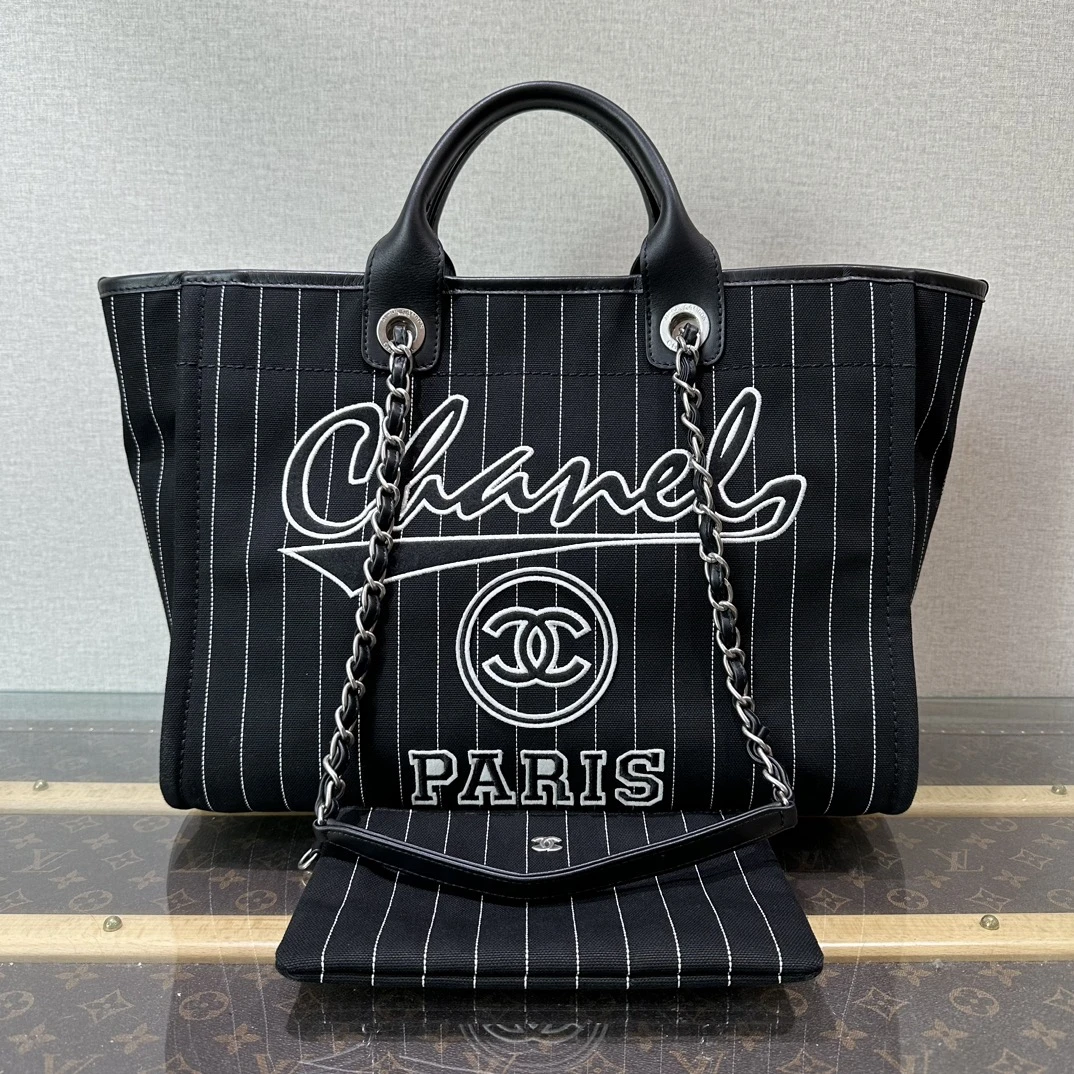 99新 Chanel/香奈儿 23p黑白条纹帆布子母手提单肩沙滩包 01046