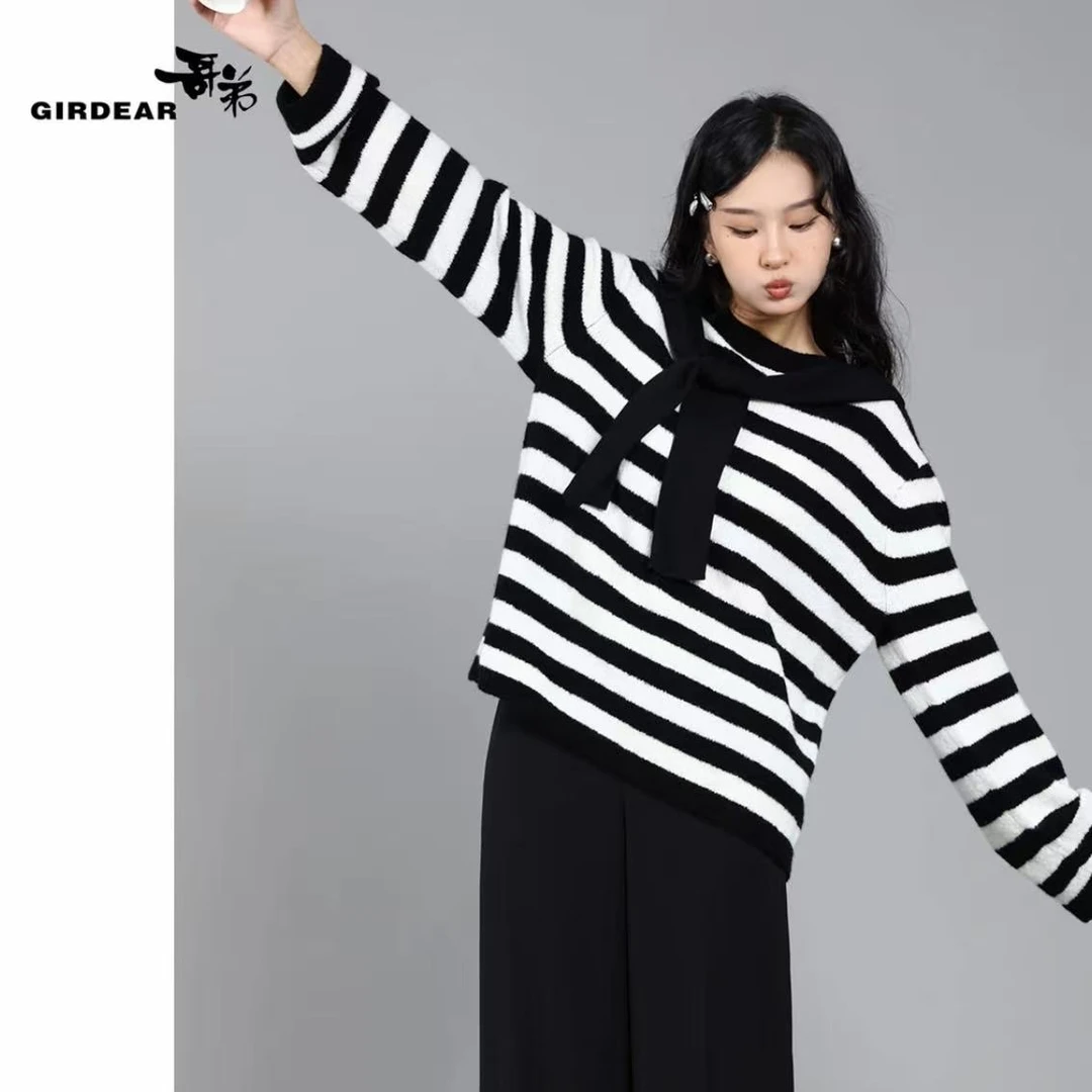 GIRDEAR/哥弟秋冬新款时尚百搭圆领条纹套头羊绒针织衫1399750