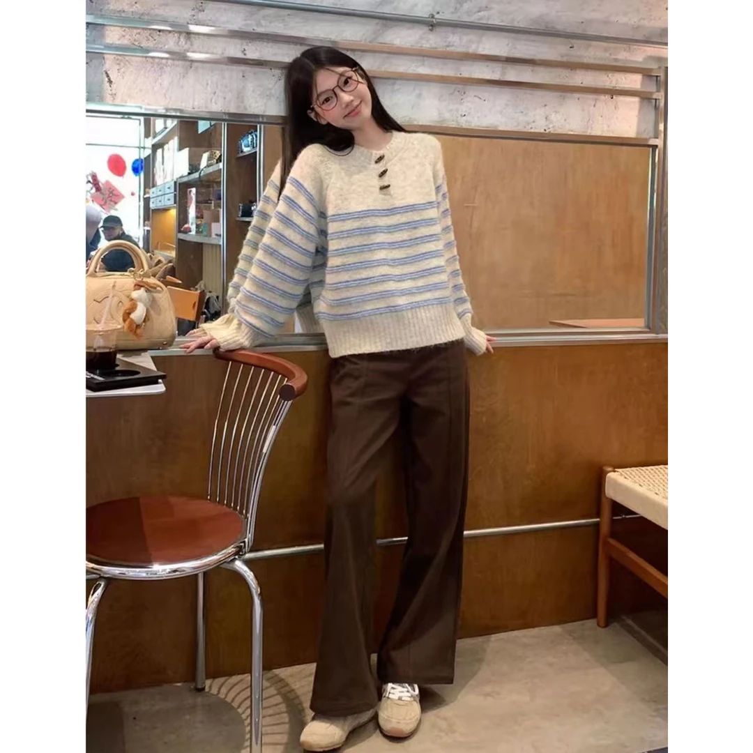 【小鱼专属 】韩系秋冬季套头复古ins慵懒风圆领条纹毛衣82092#0.13