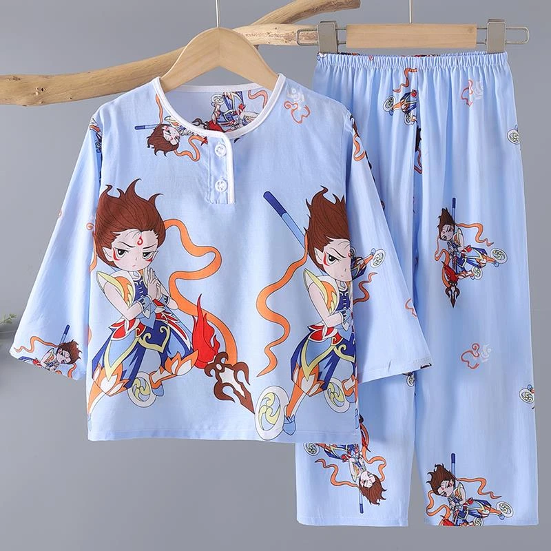 FAVMARTHA哪吒儿童夏季睡衣长袖绵绸中大童睡衣家居服男童女童空