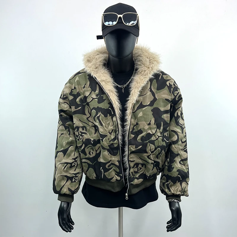 K先生男装店 座山雕毛领迷彩棉服冬季加绒加厚外套美式连帽棉衣男