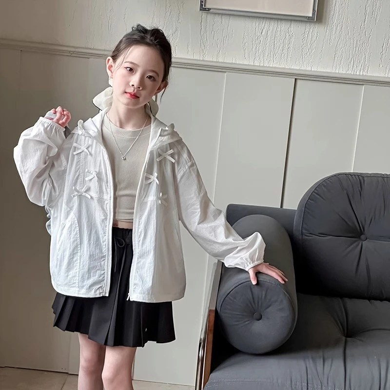 女童防晒衣外套春夏装2025新款儿童蝴蝶结连帽夹克衫薄款户皮肤衣