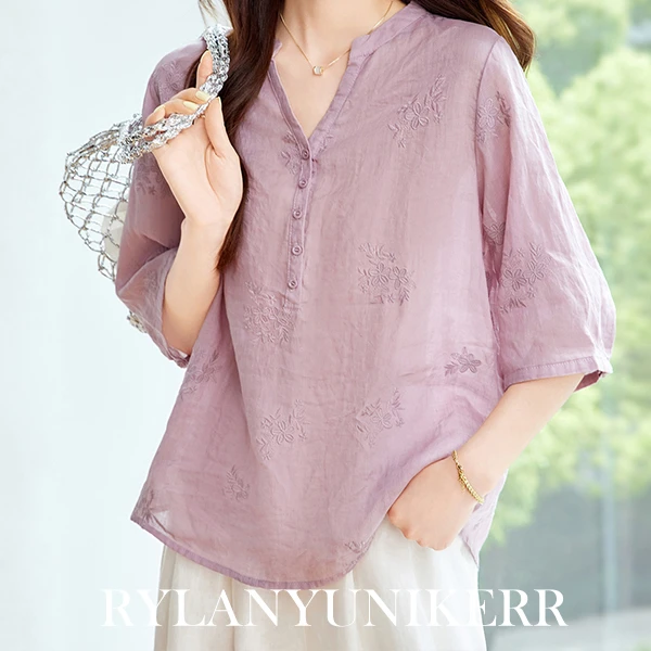 RYALN新中式国风绣花苎麻V领五分袖衬衣