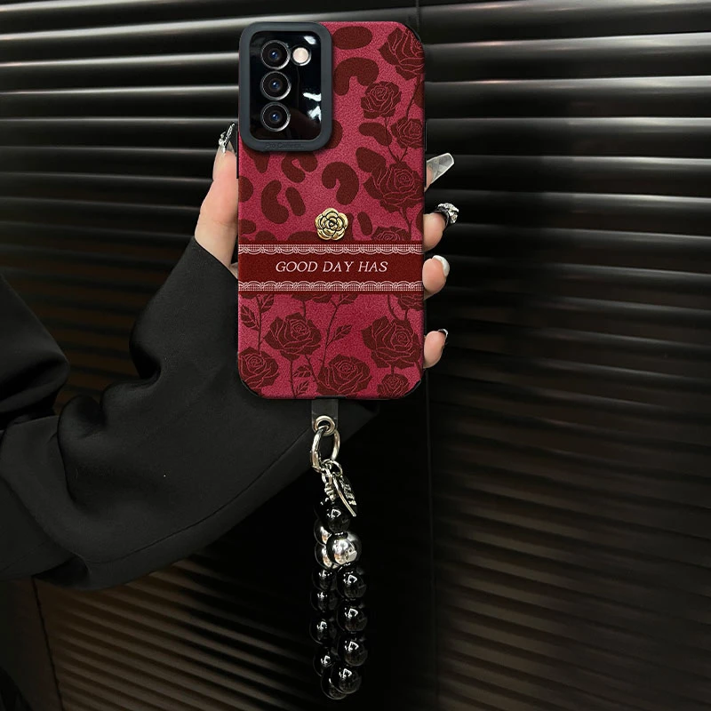 适用于【oppoa56】豹纹玫瑰ins风秋冬酒红翻毛皮网红创意手机壳女款