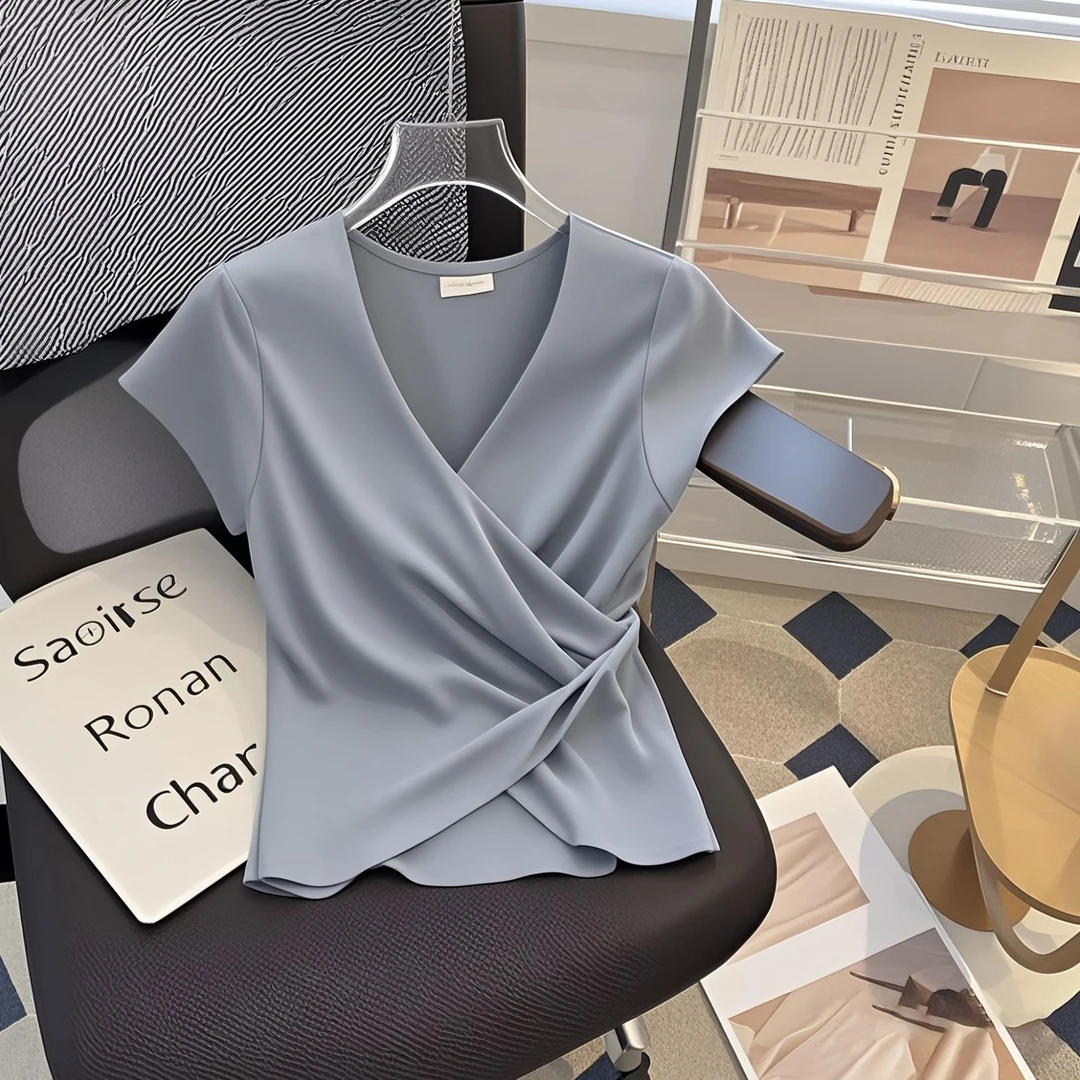 不规则交叉v领短袖t恤女2025新款夏季设计感修身显瘦别致独特上衣