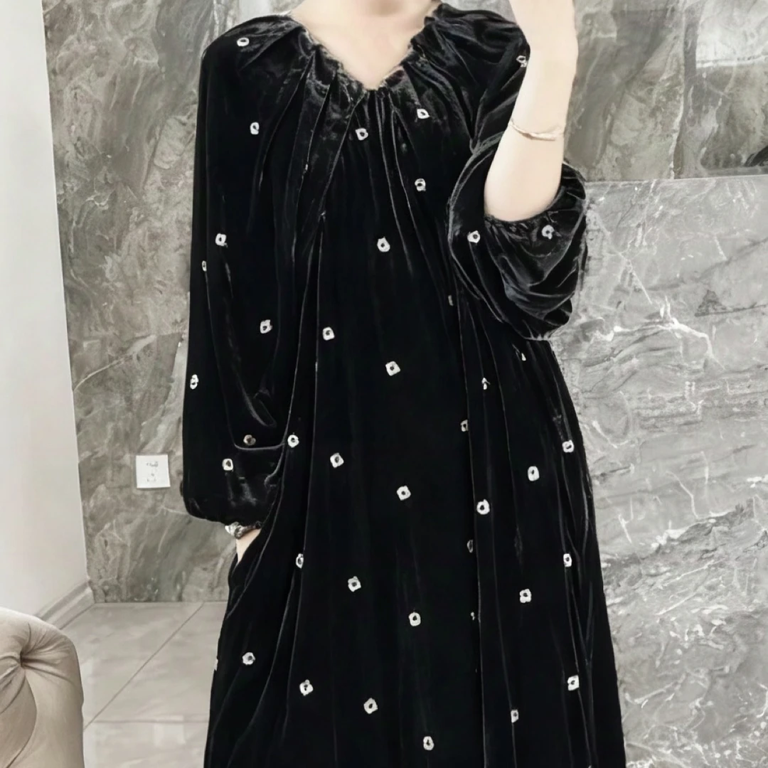 桑蚕丝真丝丝绒复古刺绣长袖星星丝绒连衣裙小个子常规款气质长裙