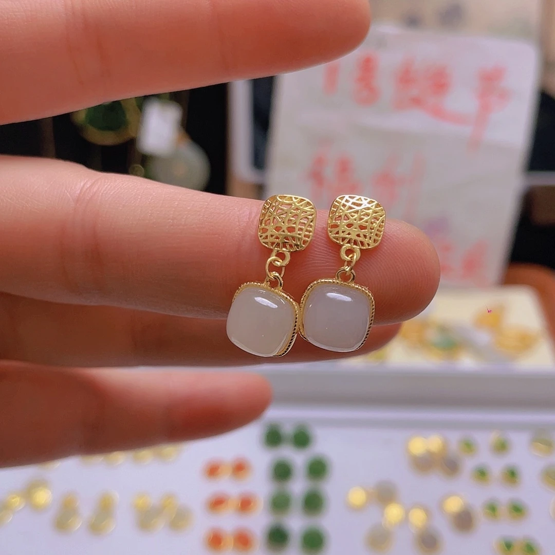 和田玉耳饰银S925镀金镶嵌