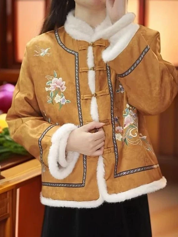 新中式刺绣棉服外套女2026秋冬新款黄色盘扣加厚国风绣花棉袄