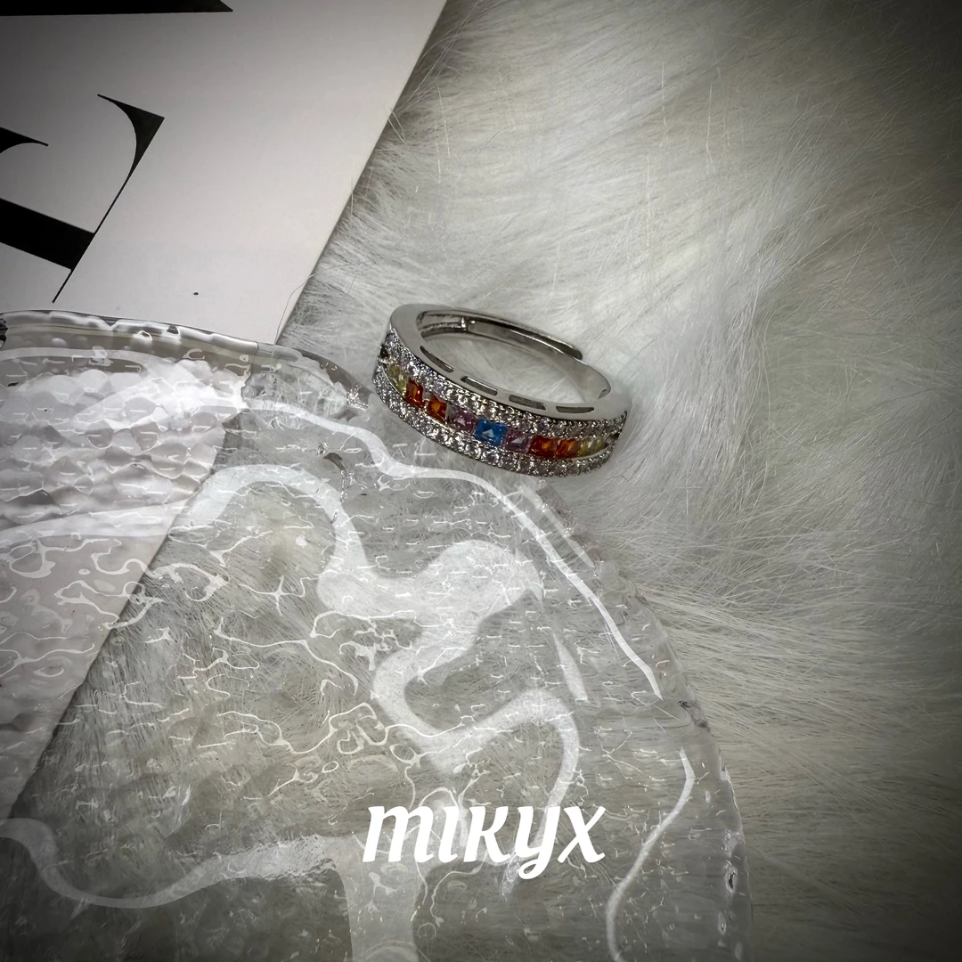 mikyx 铜合金合成锆石戒指 彩虹满镶镶嵌戒指A244