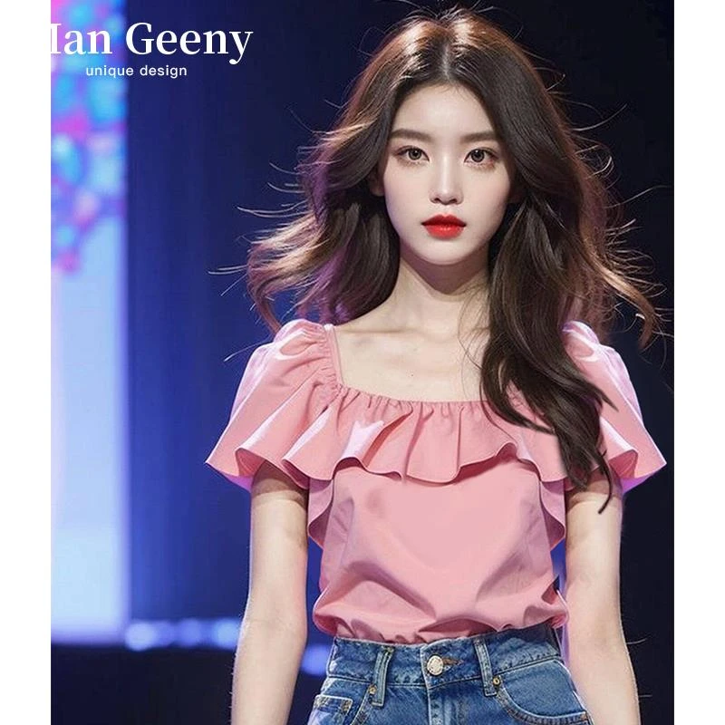 时尚高级感夏装新款女装法式设计方领荷叶边粉色短袖衬衫通勤上衣