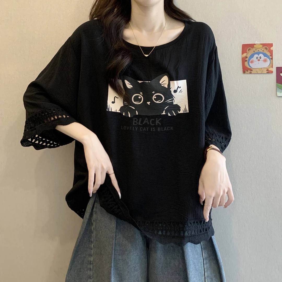 大码女装遮肚子别致镂空短袖T恤女夏季胖mm显瘦宽松休闲百搭上衣
