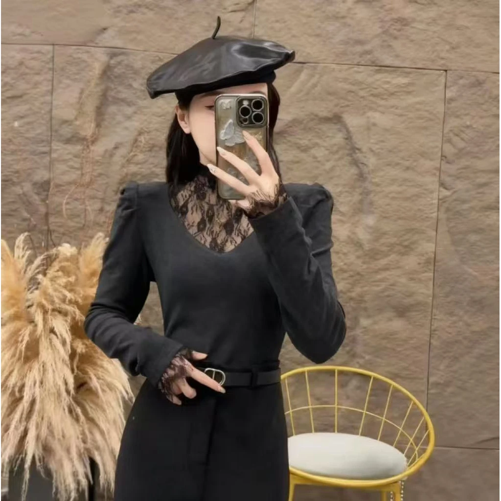 2025冬季新款加绒T恤时尚百搭半高领拼接修身显瘦打底衫上衣9196