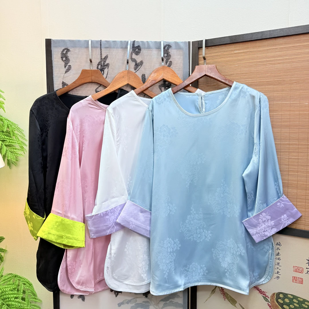 [109袖口拼色]衬衫时尚新中式夏季复古中国风圆领拼接提花