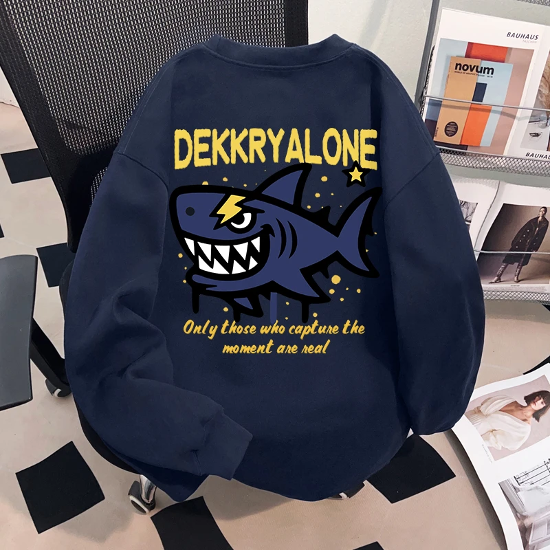 Dekkry潮流藏青色鲨鱼字母印花秋冬重磅圆领纯棉长袖t恤男女上衣
