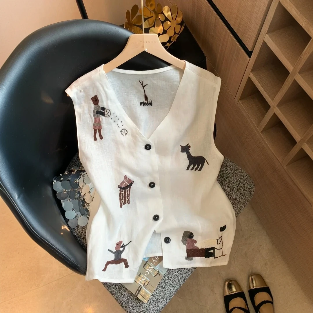 设计感刺绣亚麻V领无袖背心女复古法式简约显瘦老钱风马甲上衣夏