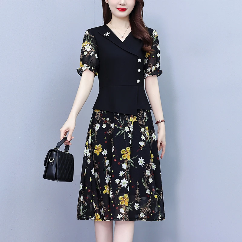 实拍大码女装2025夏季新款胖mm西装领雪纺碎花拼接时尚遮肚连衣裙