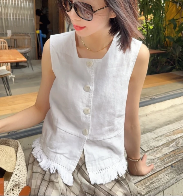 晓夏自制 "流苏亚麻马甲" 老钱风叠穿神 方领单排扣宽松百搭背心