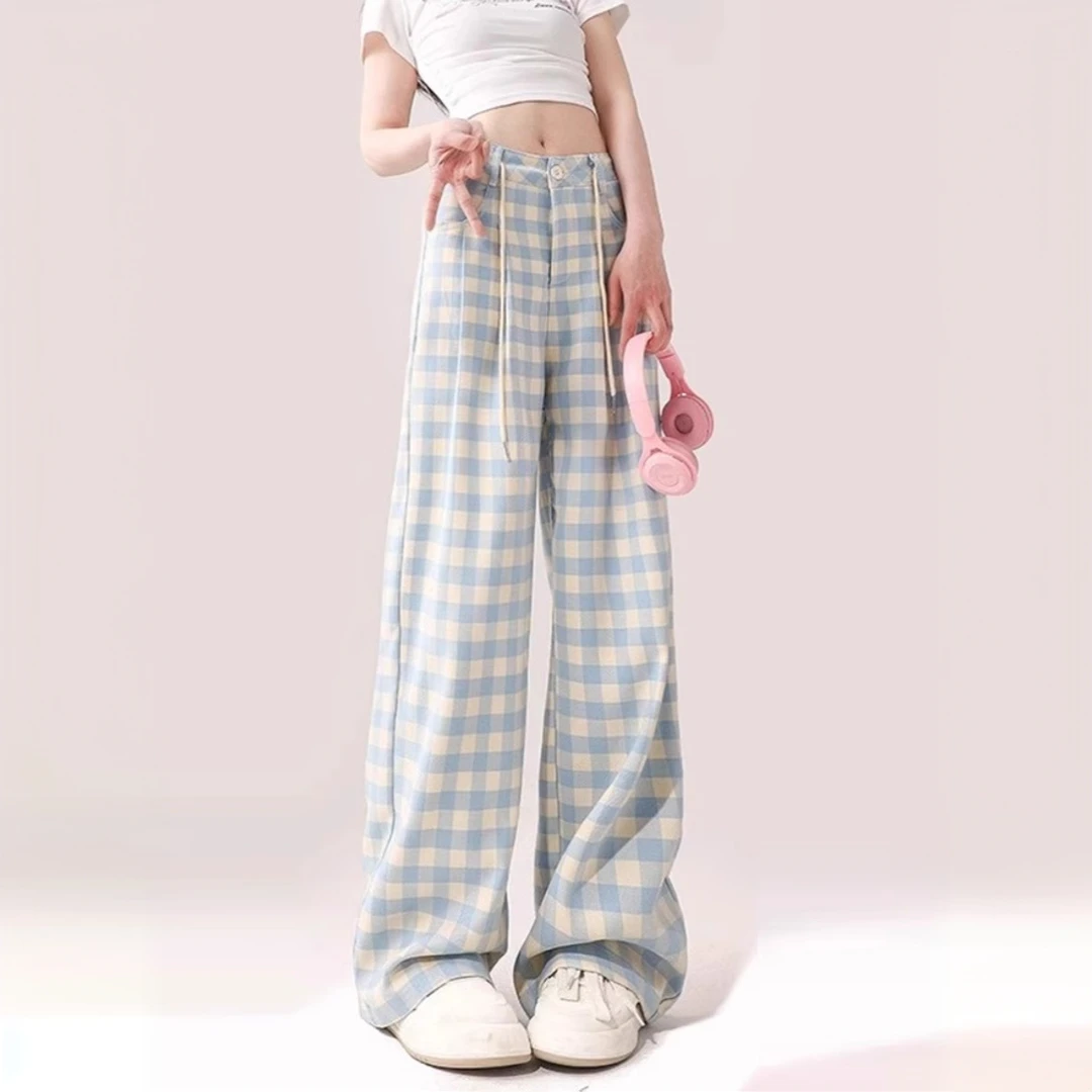 多巴胺蓝色格子工装休闲裤女春季设计感高腰直筒垂感显瘦阔腿裤子
