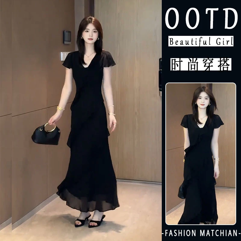 今年流行黑色荷叶边连衣裙2025夏季出席重要场合法式气质掐腰长裙
