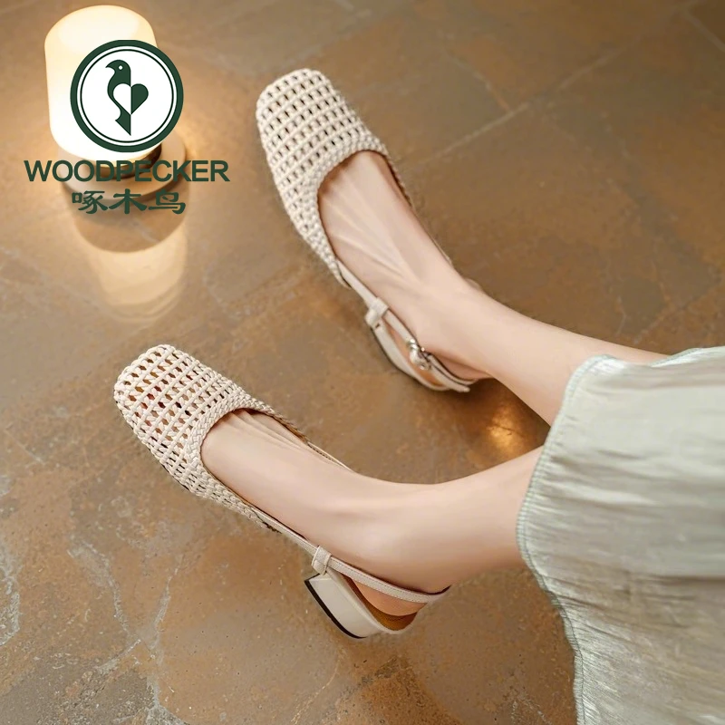 啄木鸟女鞋新款法式绝美透气镂空编织包头中粗跟配裙子罗马鞋凉鞋