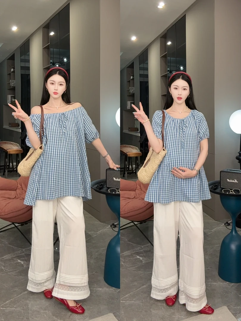 孕妇装夏季新款气质潮妈格子搭配宽松长裤套装 宽松显瘦