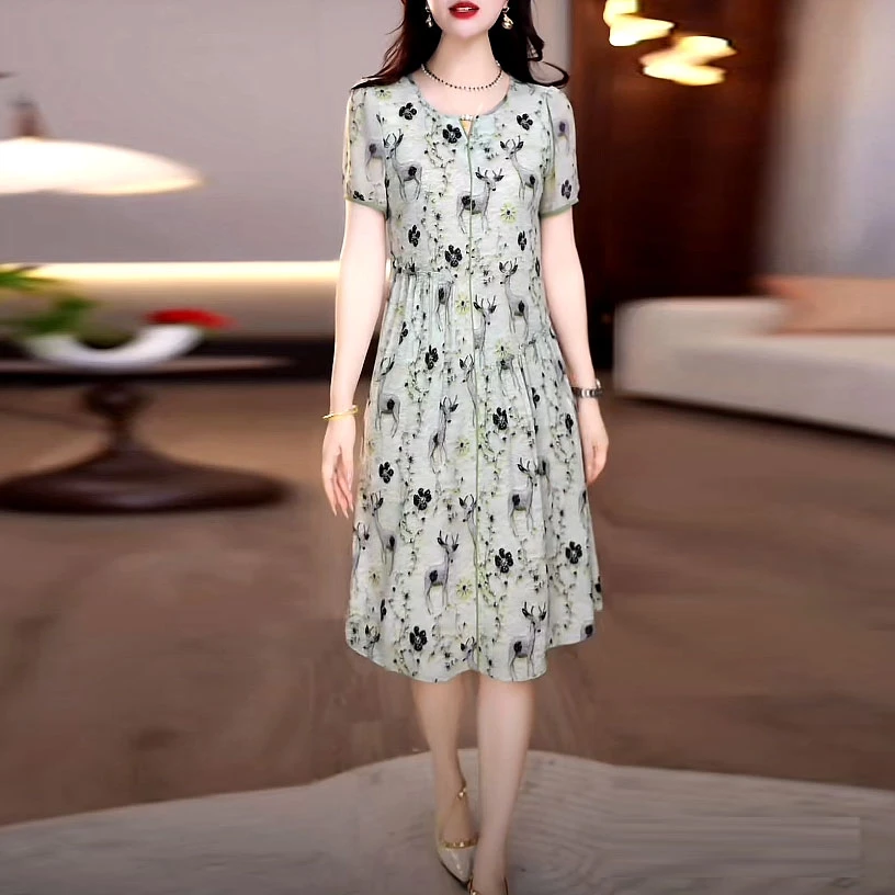 轻羽丝时尚气质印花优雅碎花连衣裙2025夏季新款遮肉宽松洋气裙子