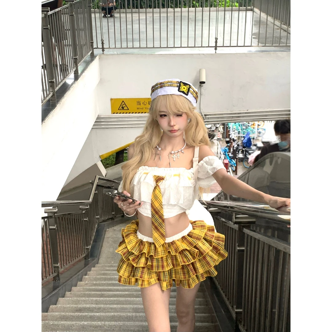 绘梨衣【夏悸暮野】纯欲辣妹设计感抹胸一字肩上衣黄格蛋糕裙裤套装