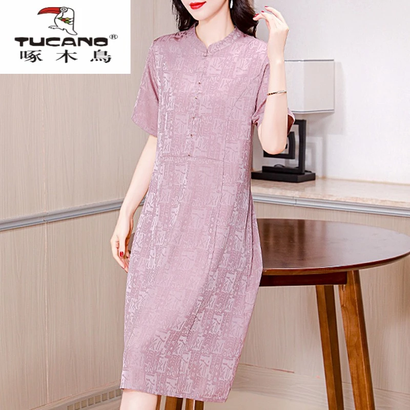 啄木鸟气质妈妈桑蚕丝洋装夏季新款中老年女装真丝改良旗袍裙子