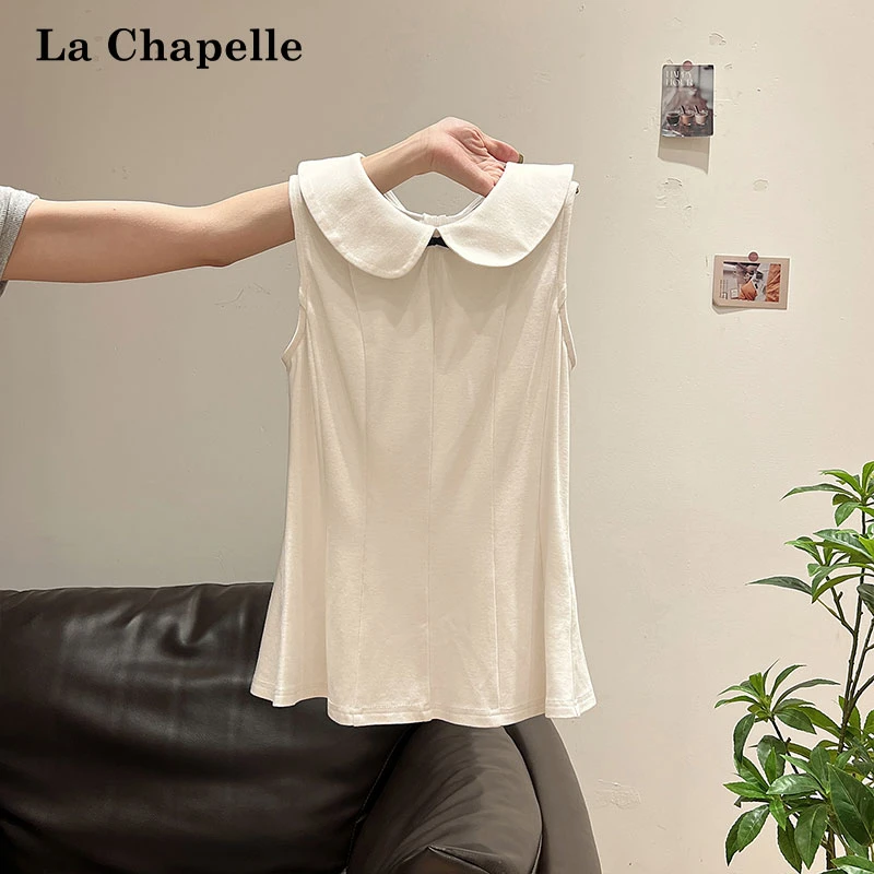 拉夏贝尔蝴蝶结拼接娃娃领背心吊带女夏季纯欲风修身气质无袖上衣