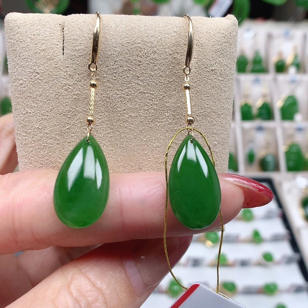 和田玉（碧玉）18K金镶嵌耳饰18