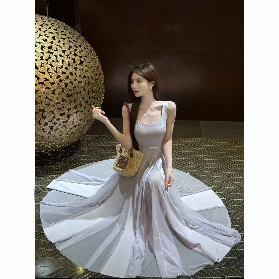 【梦中情裙】月光邂逅 法式高级感淡紫色方领仙气收腰连衣裙A402