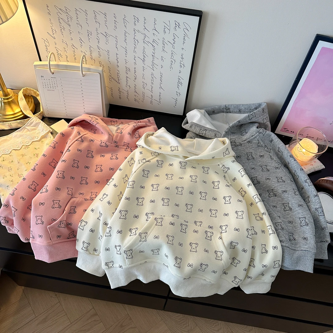 韩国童装儿童卫衣2025春季新品女童洋气时髦碎花连帽卡通小熊上衣
