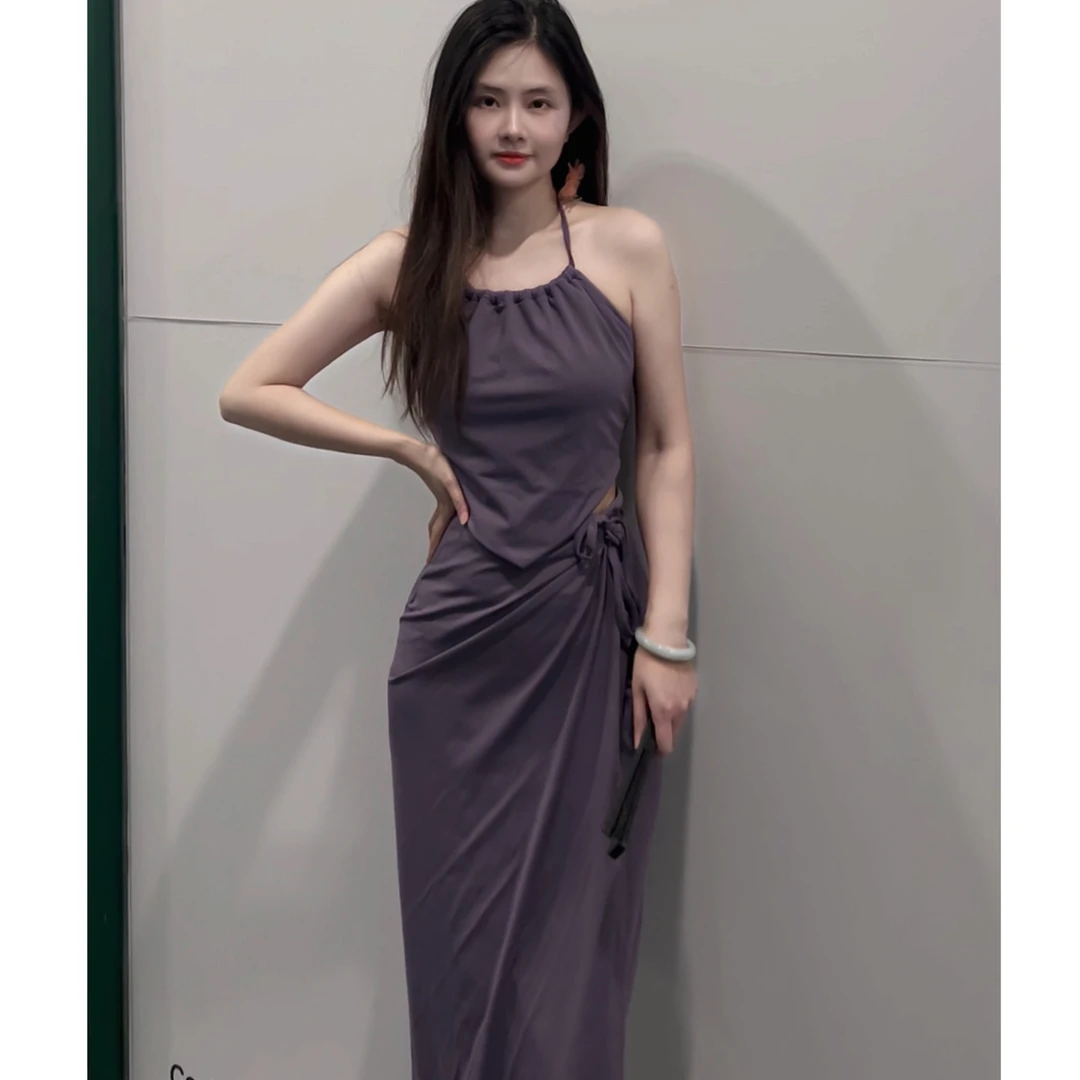 灰小猫 夏季复古国风纯色弹力带胸垫挂脖肚兜上衣+一片半身裙套装