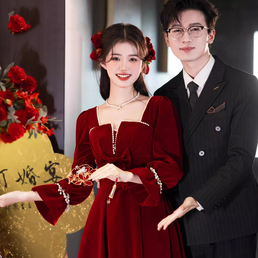 敬酒服新娘2025秋季新款女红色长袖衣服订婚礼服连衣裙大气出阁宴